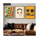 3pcs Retro Music Canvas Wall Art – 2D Flat Phonograph, Radio, Vinyl & Headphones Prints | Frameless Vintage Posters for Music Classrooms, Cafes, Bars & Bedrooms