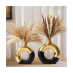 Set of 2 Black and Golden Ceramic Vases | Round Cylinder Vase for Centerpieces, Boho Style, Plaid Pattern, Golden Home Decor Accents, Suitable for Living Room, Kitchen, Coffee Table, Valentine'S Day Gift